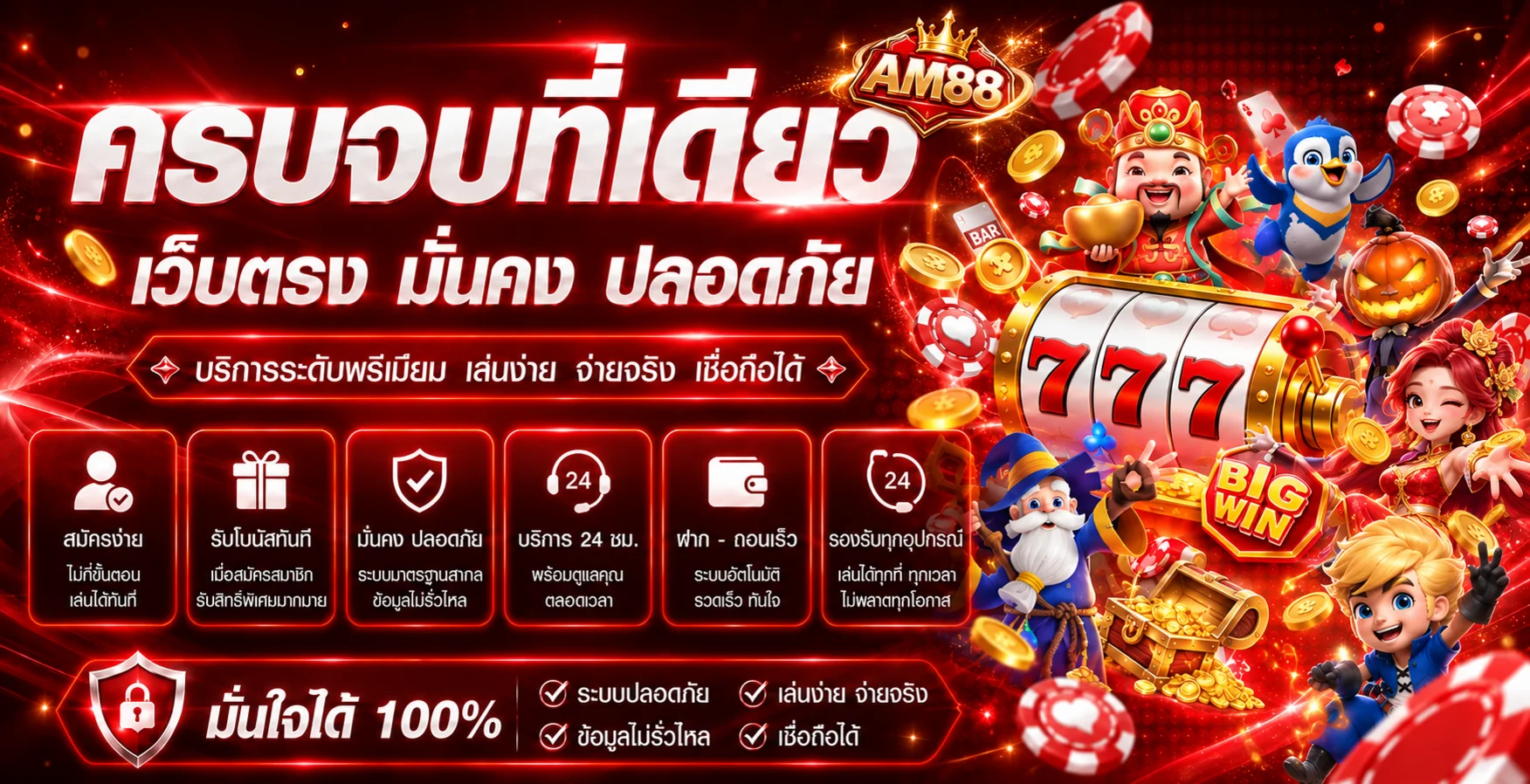 แบนเนอร์ AM88 ทางเข้าเว็บหลัก พร้อมตัวละครเกมสล็อตและข้อมูลความปลอดภัย